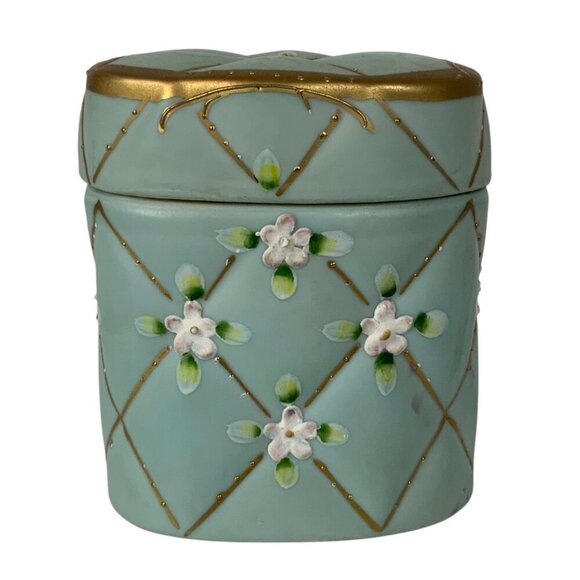 Vintage Vanity Hidden Lint Brush in Ceramic Box With Floral Design Gold Accents - Picture 4 of 7